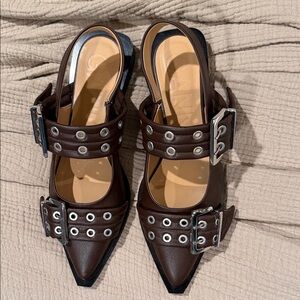 Ganni Brown Pointed-Toe Buckle Grommet Slingback Mules